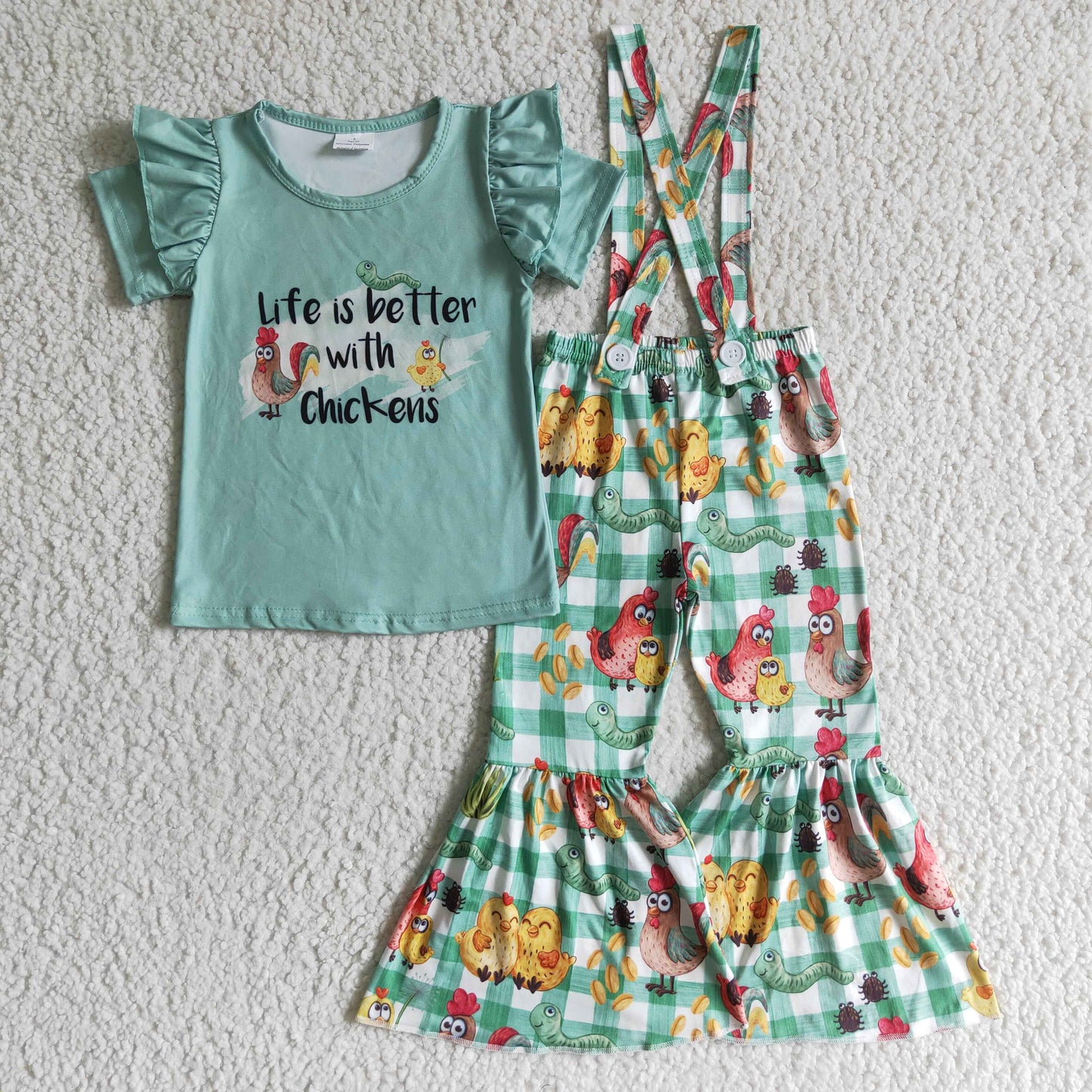 E9-15 RTS life is better with chickens girl ruffles cartoon green plaid short sleeve overall girl outfit 20230811