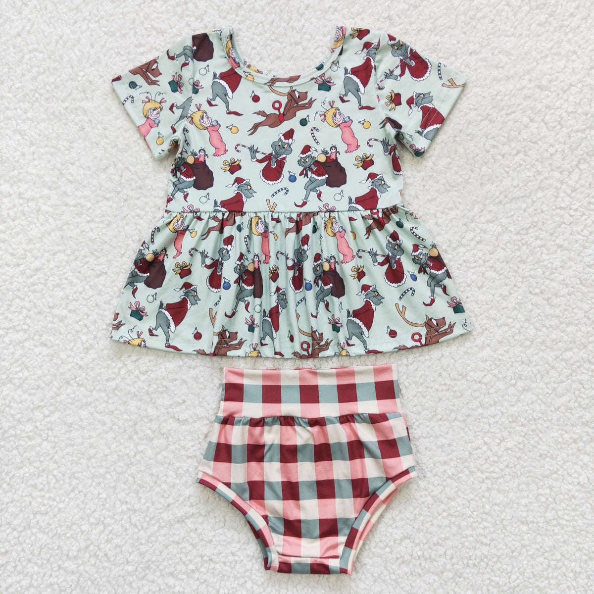 promotion $5.5 2026.10.17 GBO0187 Baby Girl Clothes Christmas Cartoon Print Short Sleeve Peplum Top Plaid Bummie Set