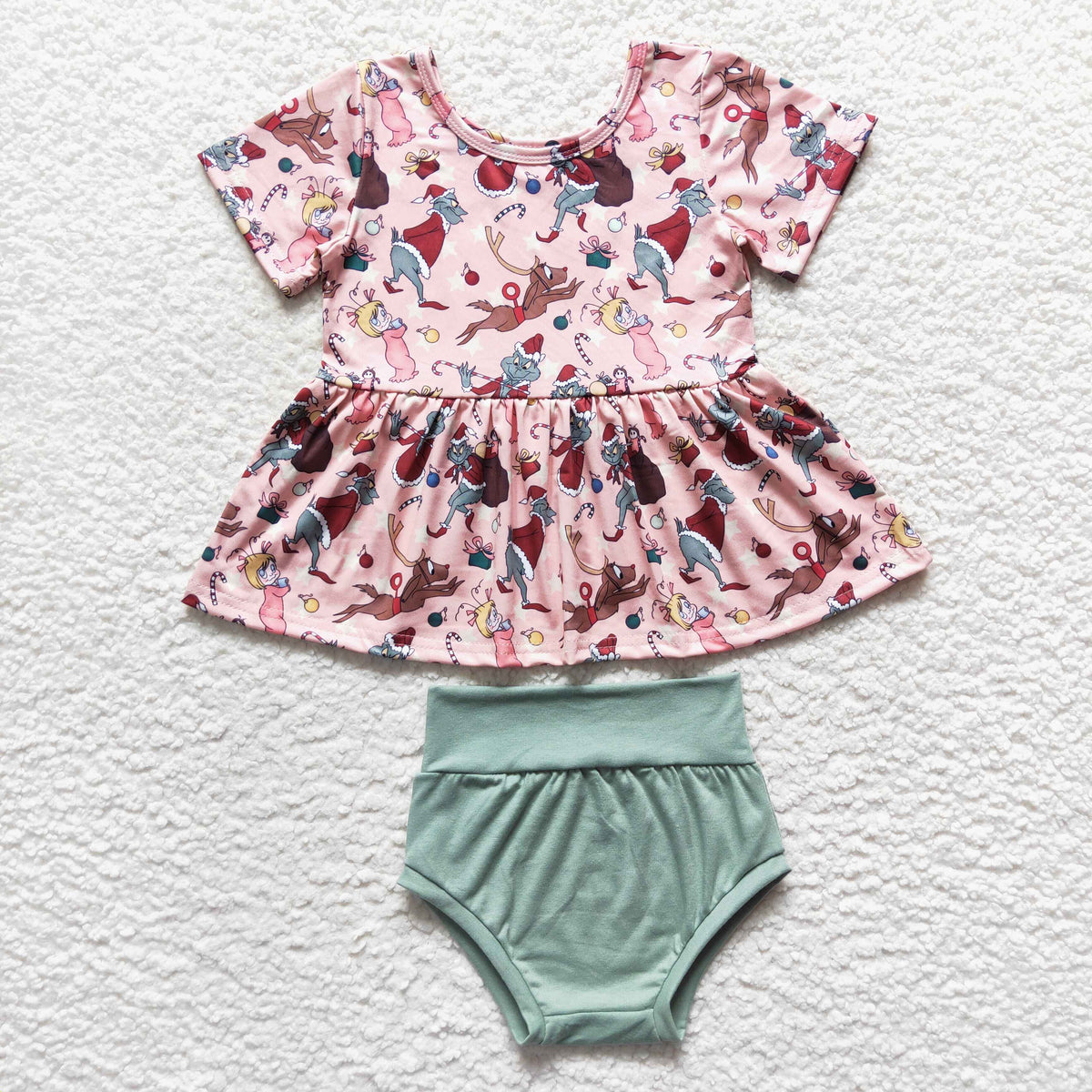 promotion $5.5 2026.10.17 GBO0188 Baby Girl Clothes Christmas Cartoon Print Short Sleeve Peplum Top Solid Bummie Set