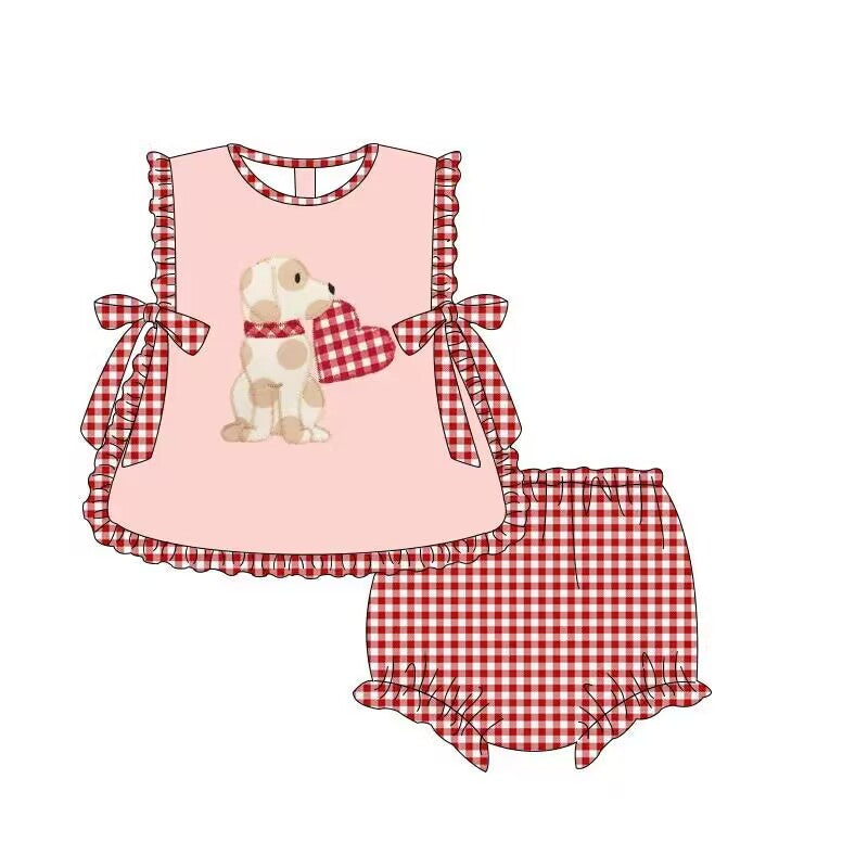 GBO0230 western bow dogs Embroidery love short sleeve girl shorts outfit RTS 202401
