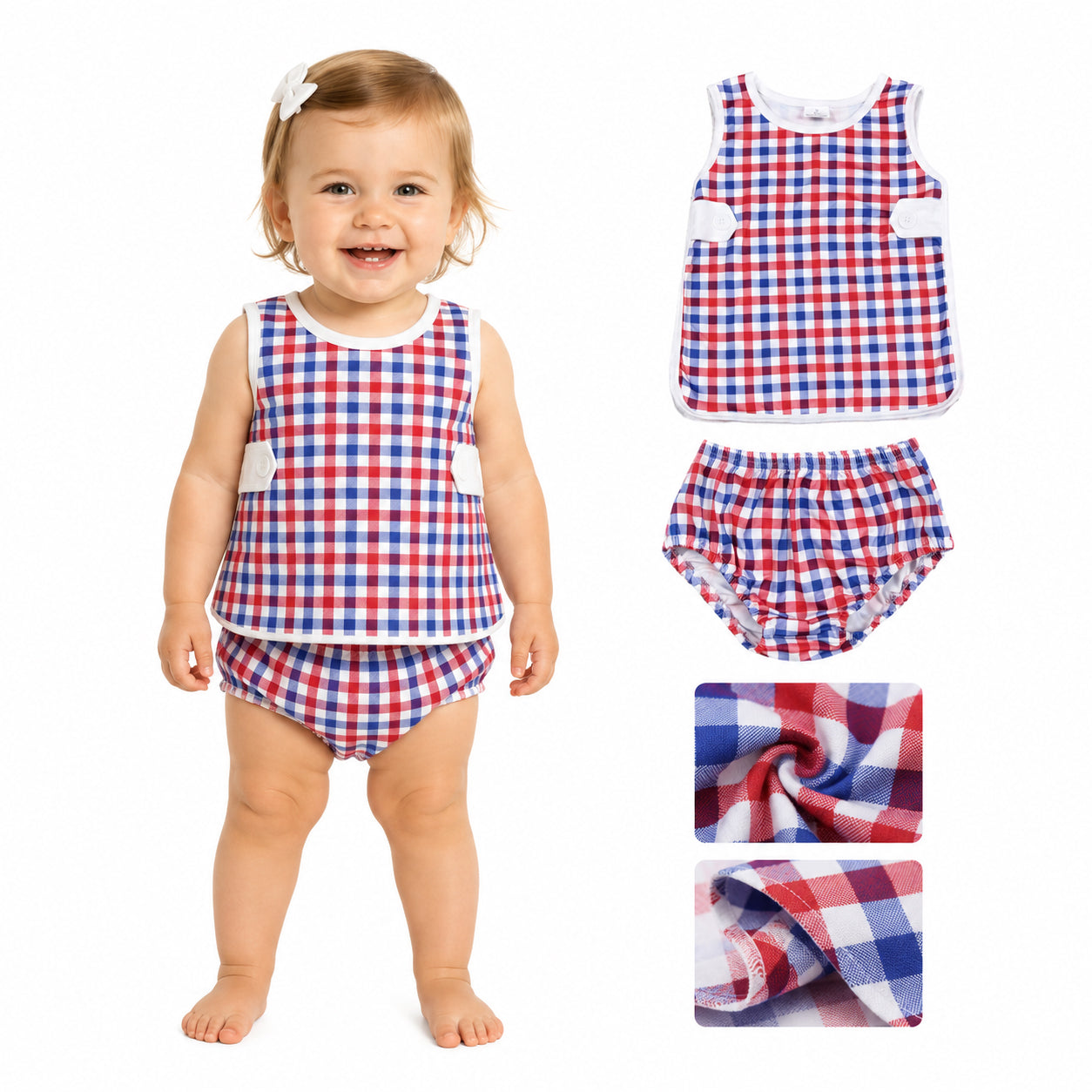GBO0530 checkerboard bow 4th July girl Bummie 202605 RTS
