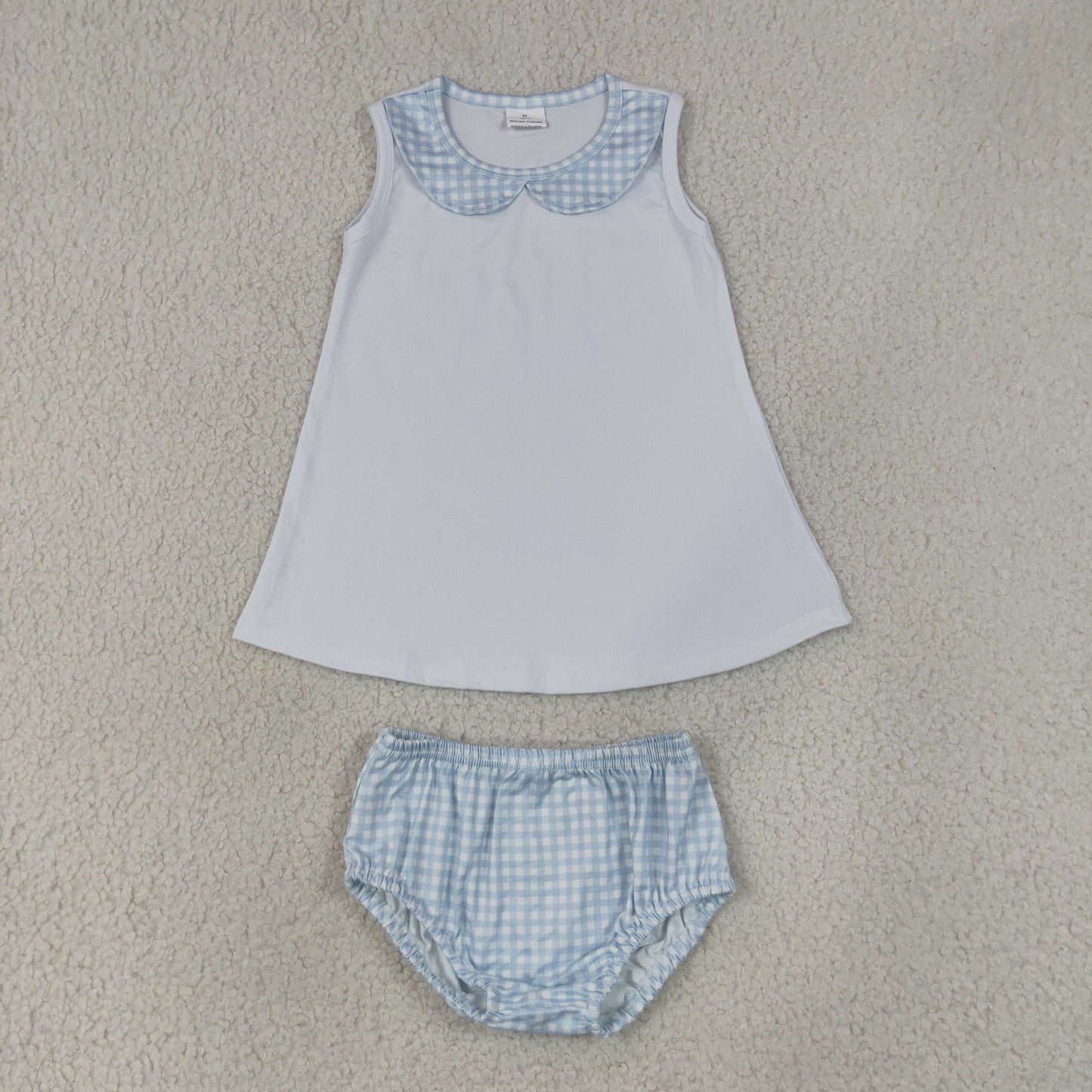 GBO0539 组合 Boy Bummie 202607 RTS Toddler Blue Gingham Peter Pan Collar Sleeveless Bloomers 2Pcs Summer Outfit Set