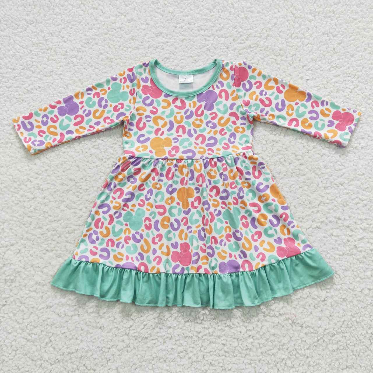 GLD0283 cartoon mouse green colorful leopard long sleeves western girl dress 20230727 RTS