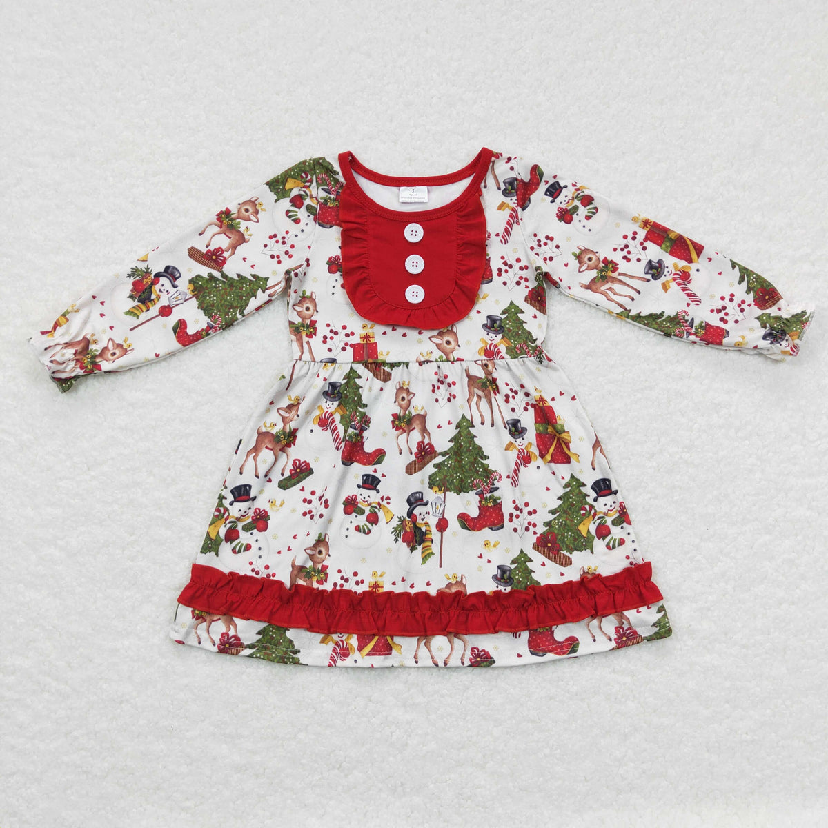 promotion $5.5 2026.10.24 GLD0292 Baby Girl Clothes Christmas Cartoon Mix Print Long Sleeve Button Ruffle Dress