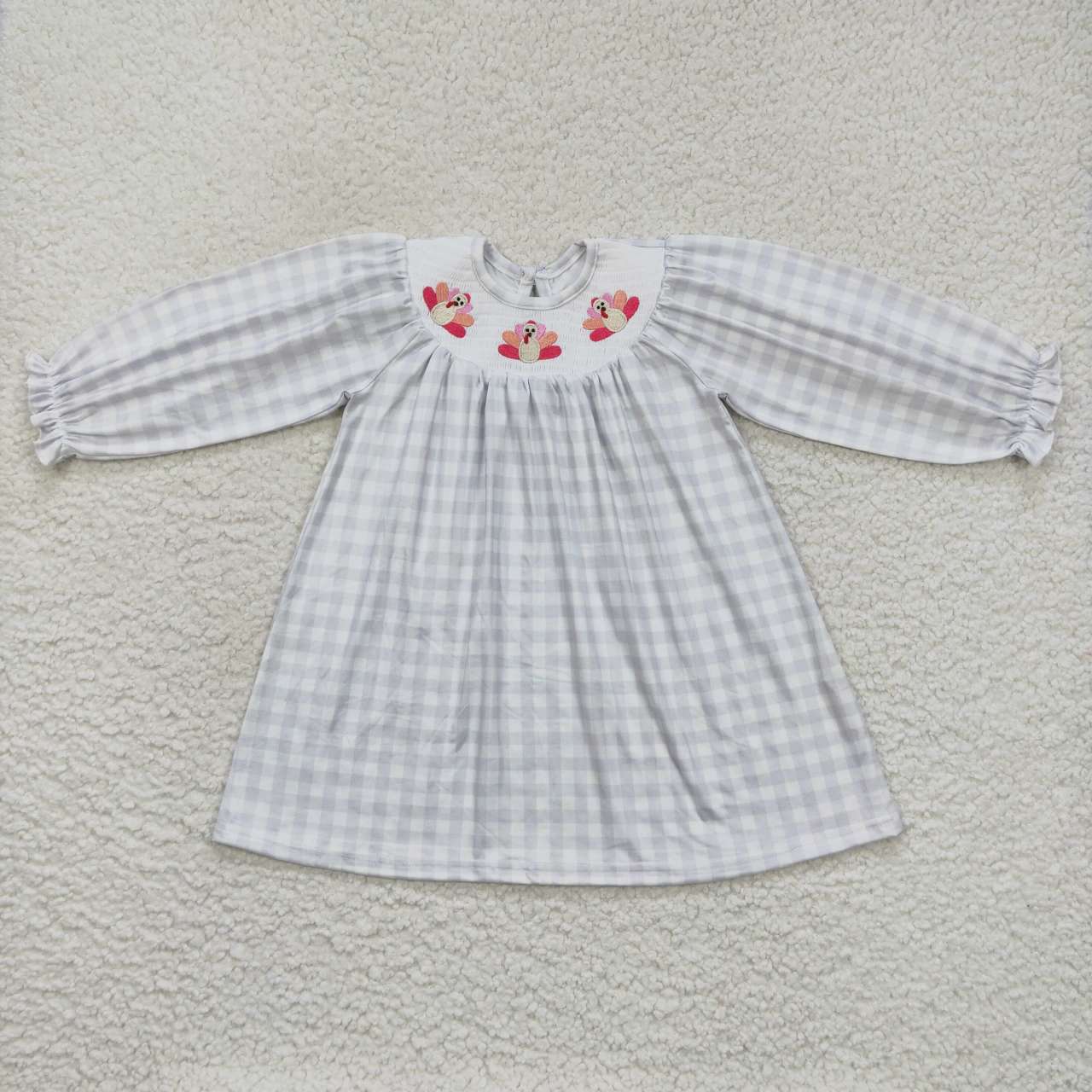 GLD0357 turkey long sleeve embrodiery smocked plaid girl dress RTS 20230928