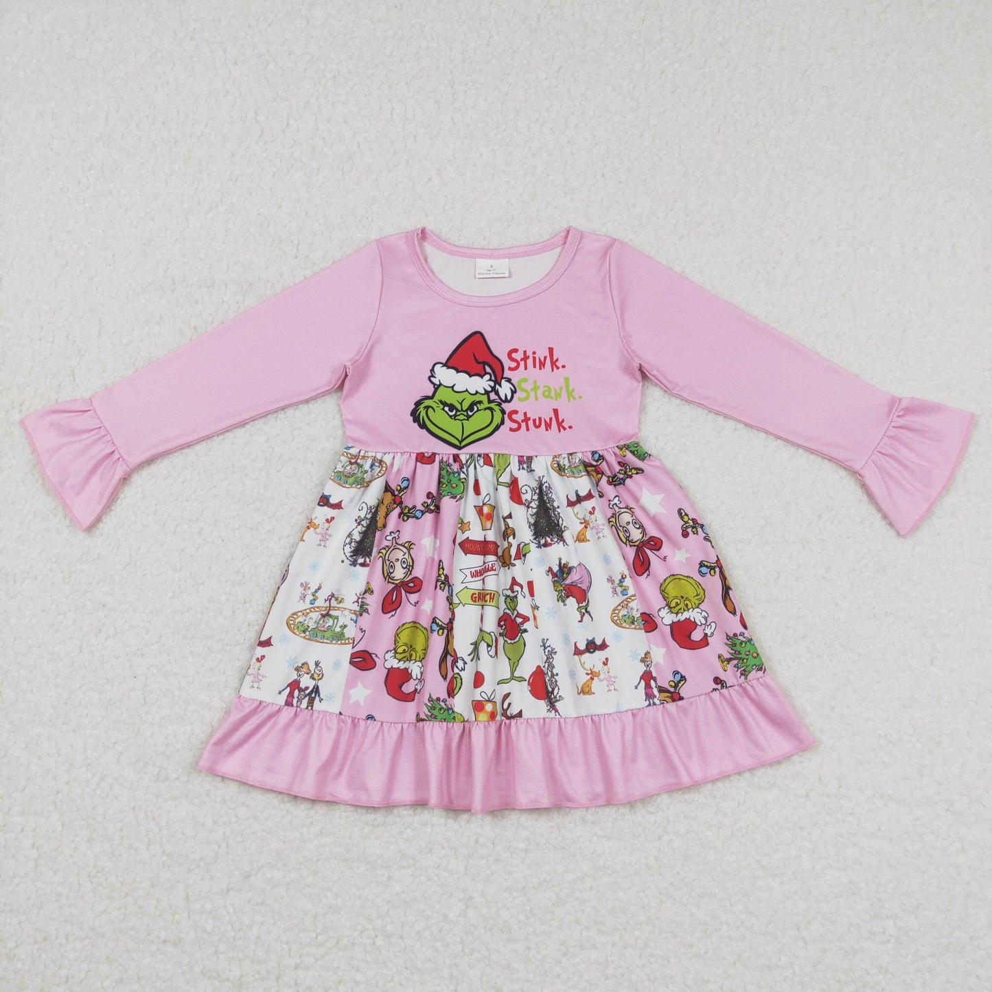 GLD0457 rts flowers grinch long sleeve girl dress 20231018