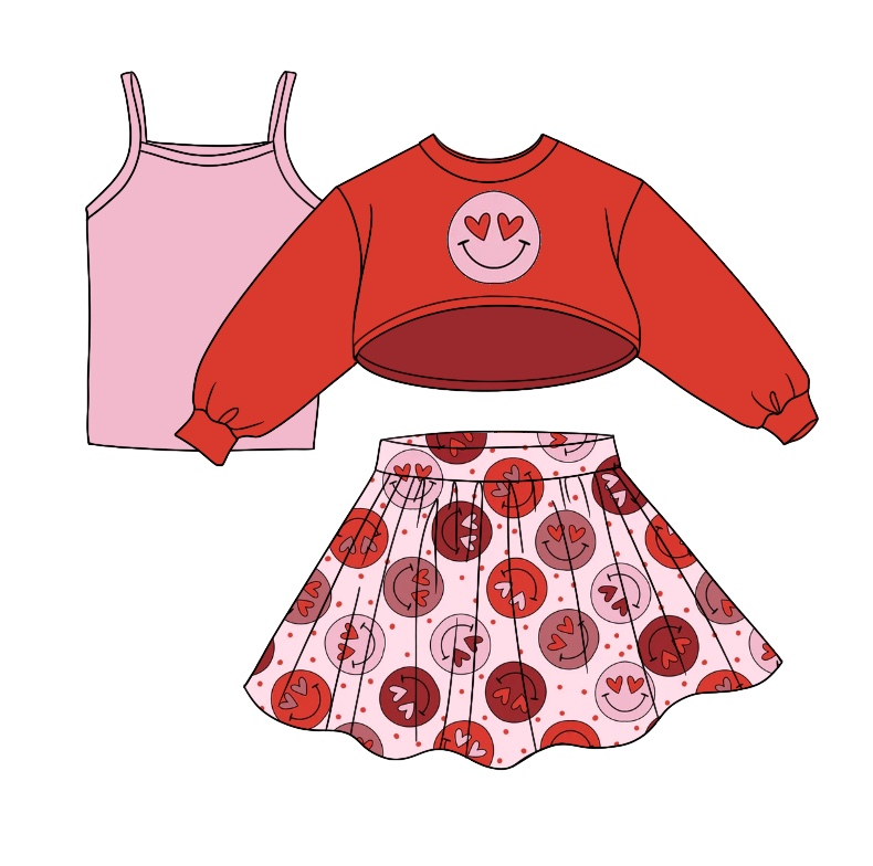 GLD0482 Valentines Day 3pcs red smile love long sleeve skirt dress girl outfit preorder 20231109