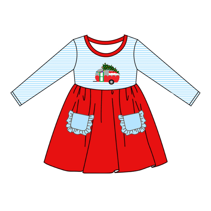 GLD0551 Christmas train tree girl dress preorder 202406