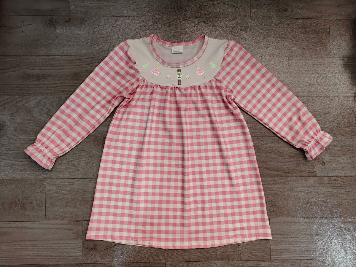 Sample-Real Pics GLD0610 Baby Girl Clothes Pink Gingham Nutcracker Ballet Print Long Sleeve Dress