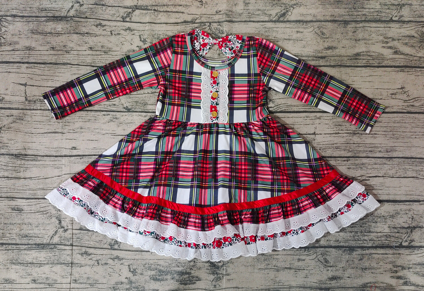 GLD0838 Christmas bow red plaid girl dress 202410 RTS
