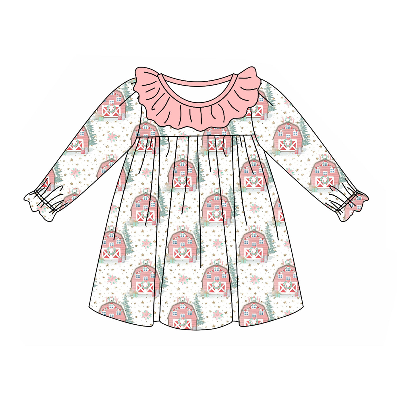 GLD0899 Christmas tree house sibling girl dress preorder 202409
