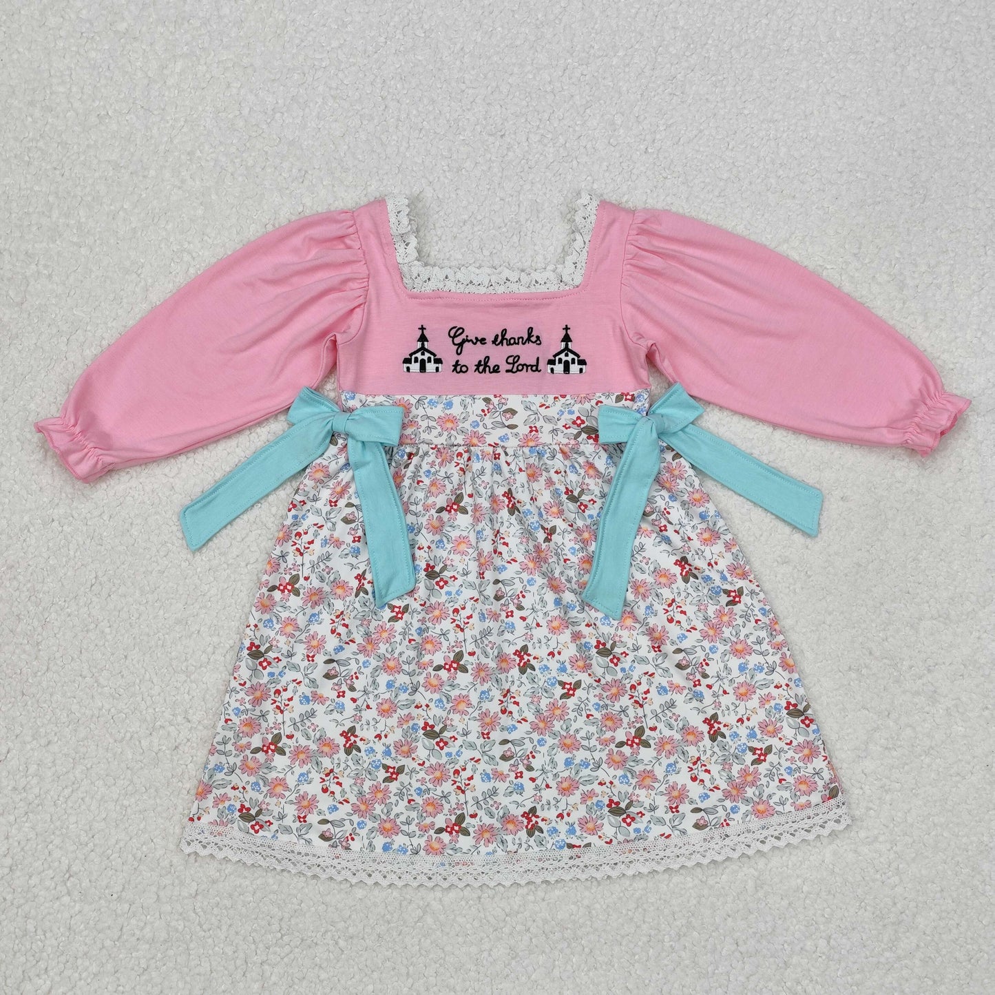 GLD0967 Embroidery thanksgiving flowers green bow pink girl dress sibling 202412 RTS