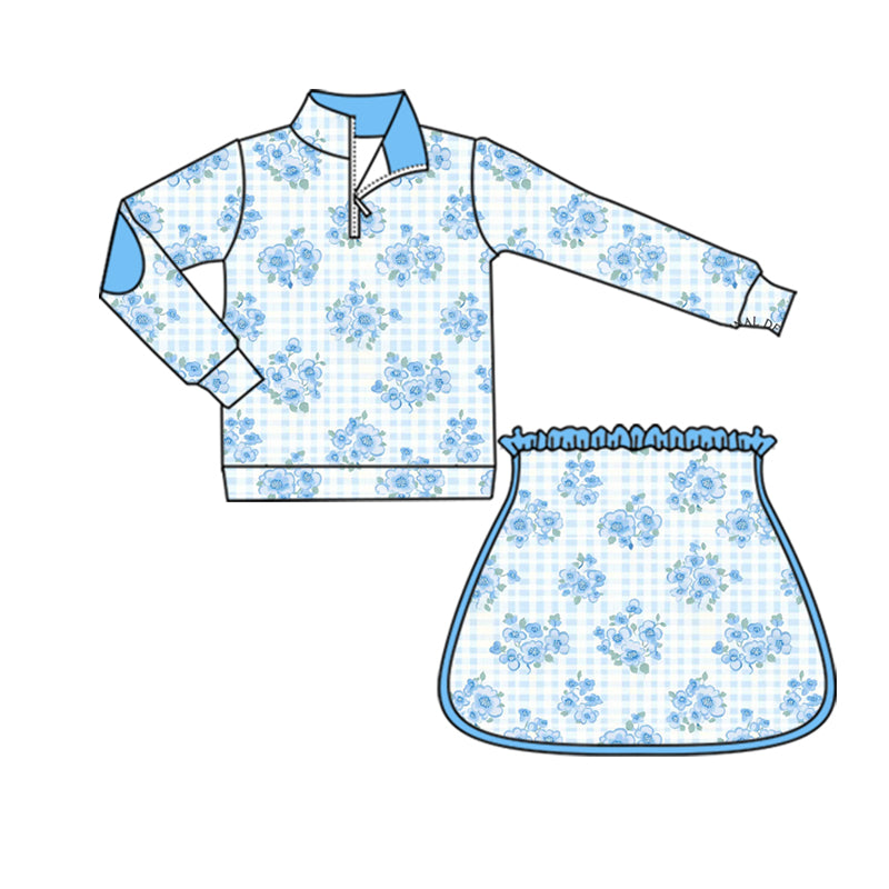 GLD1097 Yoga blue flower zipper girl summer skirt outfit 202507 RTS