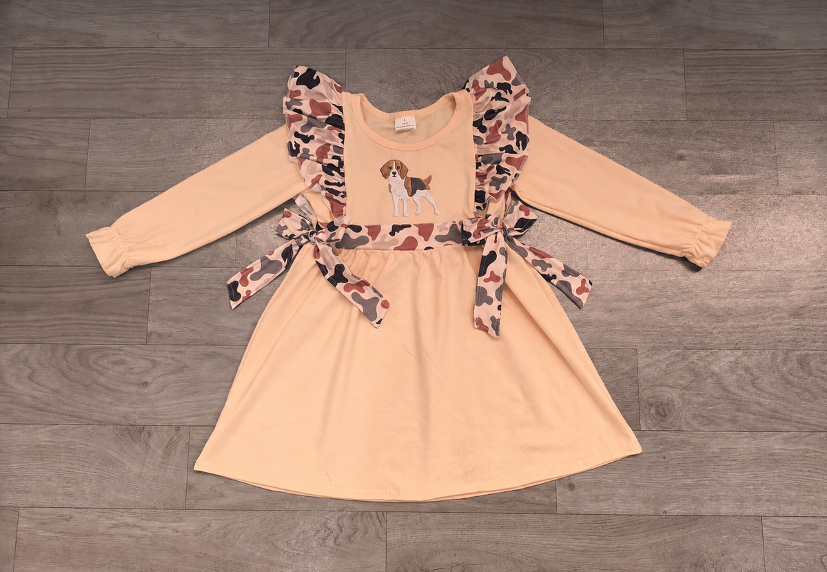 Sample-Real Pics GLD1599 Baby Girl Clothes Beagle Dog Embroidery Camo Ruffle Long Sleeve Dress