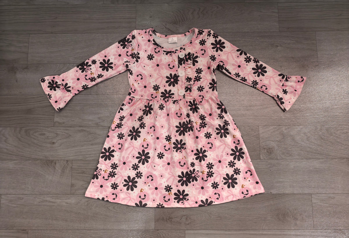 Sample-Real Pics GLD1637 Baby Girl Clothes Pink Floral Pumpkin Halloween Print Long Sleeve Ruffle Dress