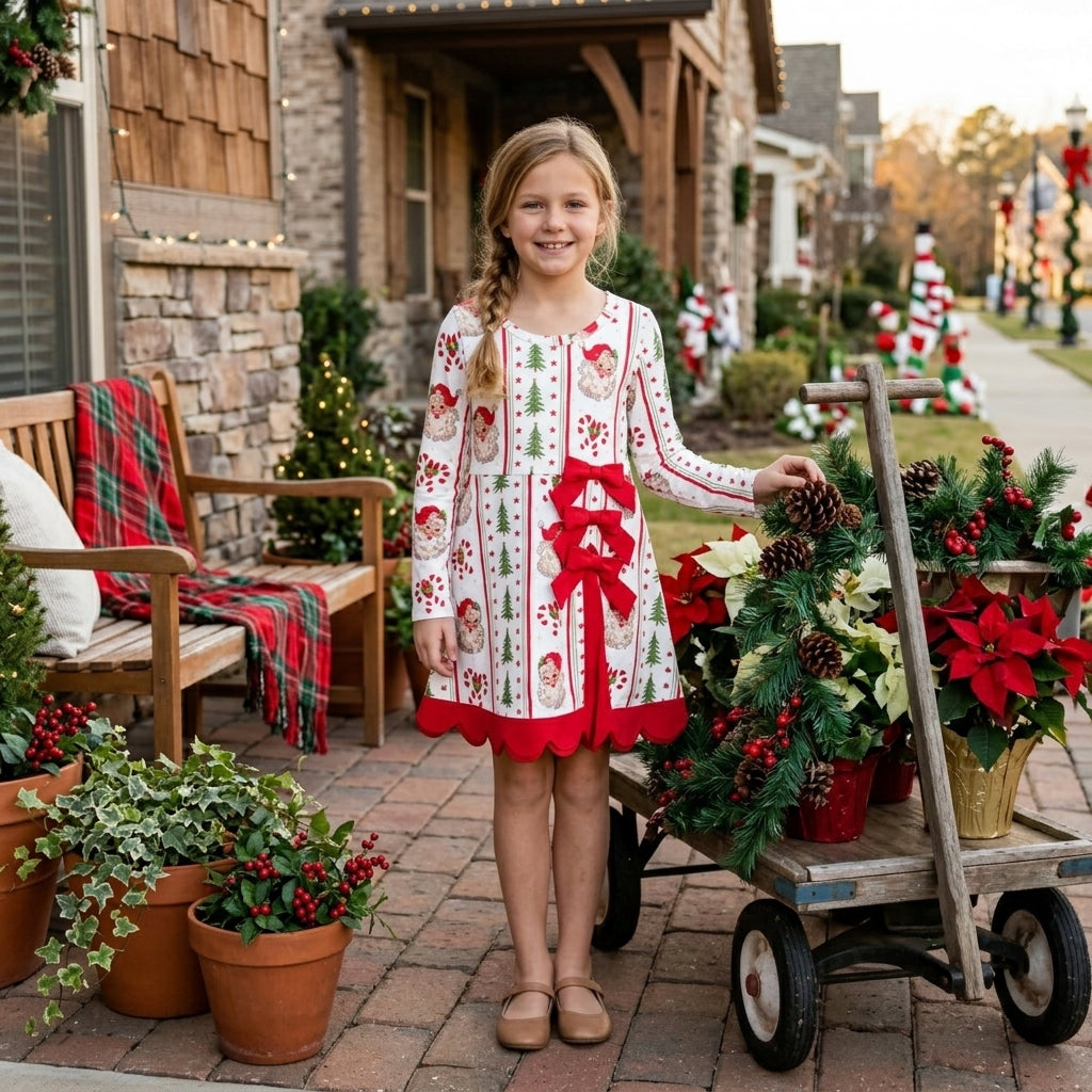 NO MOQ RTS GLD1650(1)-yoga-scallop Baby Girl Clothes Vintage Santa Candy Cane Striped Print Long Sleeve Bow Scalloped Hem Dress 202610