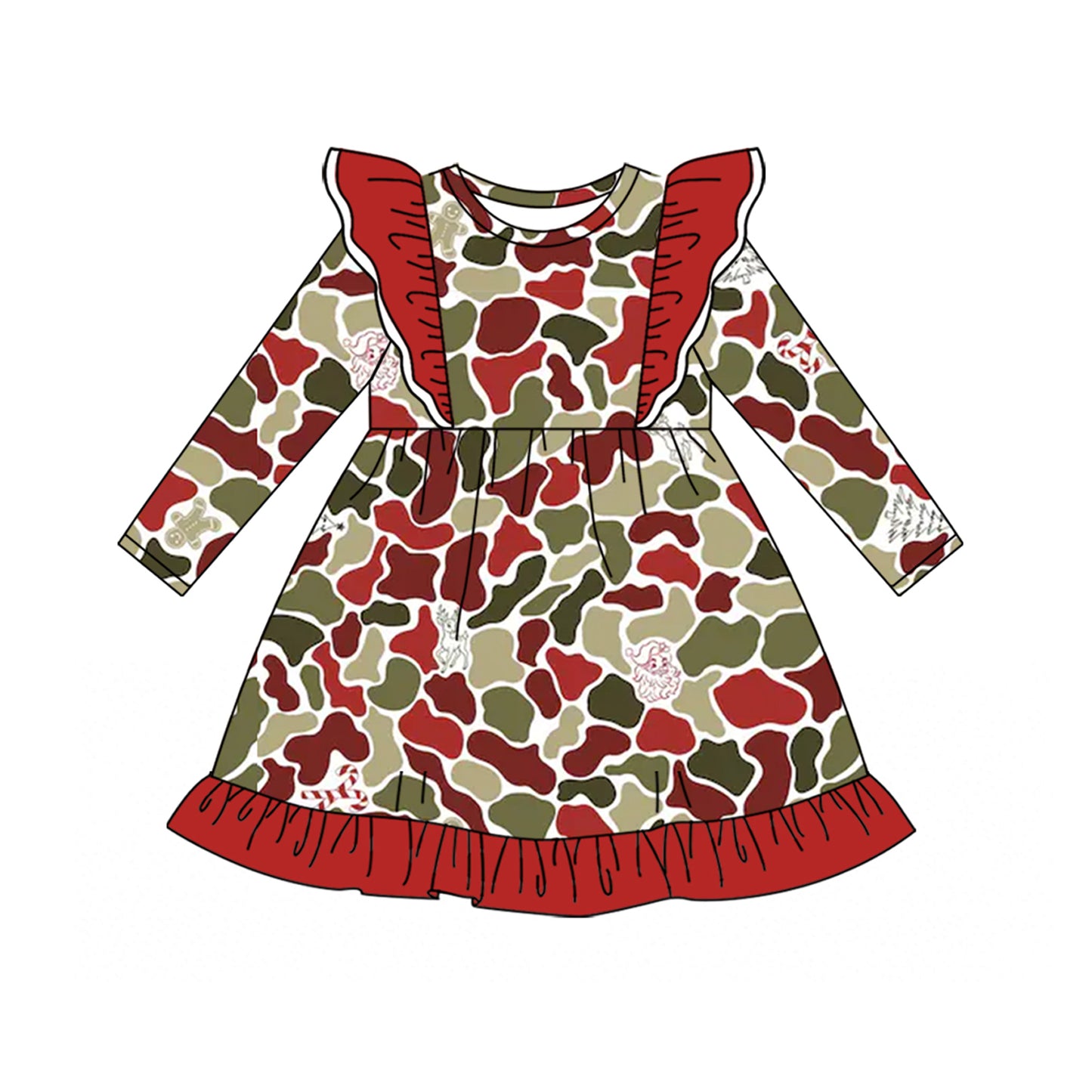 GLD1654 Red Ruffle Xmas Camo Girls Swing Dress 20260627 preorder