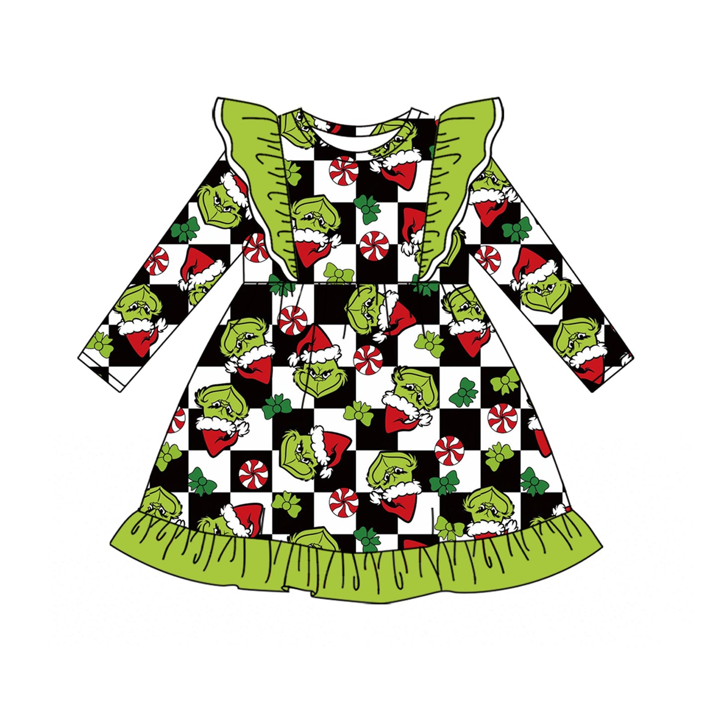 GLD1655 Green Ruffle Grinch Check Girls Christmas Dress 20260627 preorder