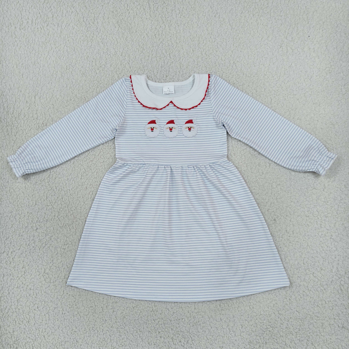NO MOQ RTS GLD1673-embroidery Baby Girl Clothes Striped Santa Embroidery Print Long Sleeve Peter Pan Collar Casual Dress 202610