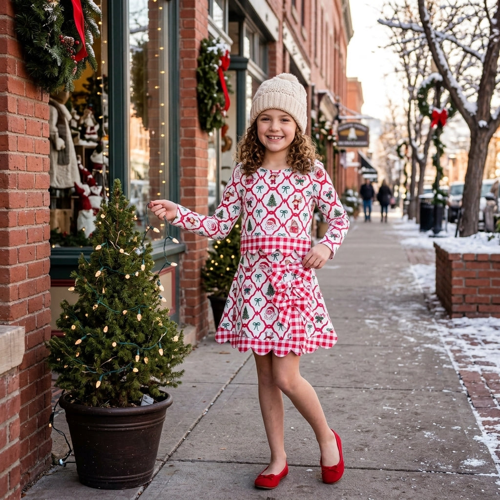 NO MOQ RTS GLD1676 Baby Girl Clothes Christmas Santa Tree Reindeer Mixed Print Long Sleeve Scalloped Top Skirt Set 202610