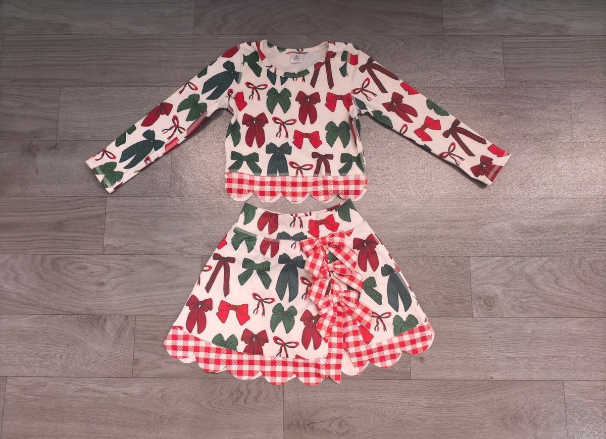 Sample-Real Pics GLD1677 Baby Girl Clothes Christmas Bow Mixed Print Long Sleeve Scallop Hem Top & Skirt Set