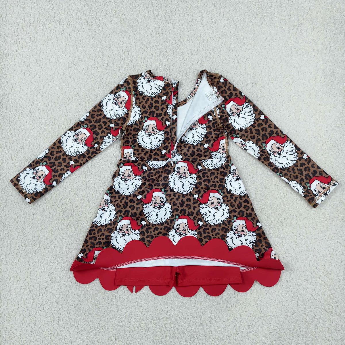 NO MOQ RTS GLD1679(1)-yoga-scallop Baby Girl Clothes Leopard Santa Mixed Print Long Sleeve Bow Scalloped Hem Dress 202610