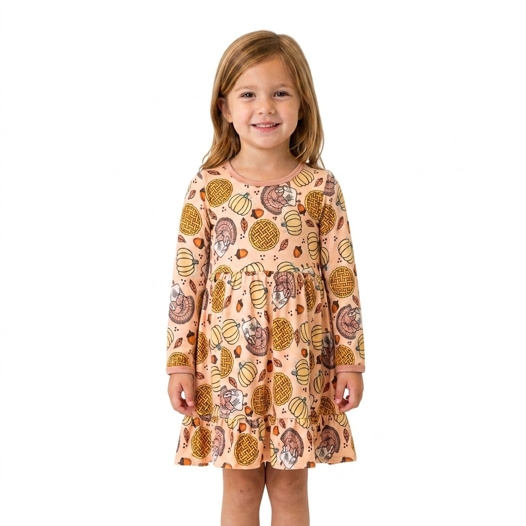 NO MOQ RTS GLD1691 Baby Girl Clothes Thanksgiving Turkey Pumpkin Pie Print Long Sleeve Dress