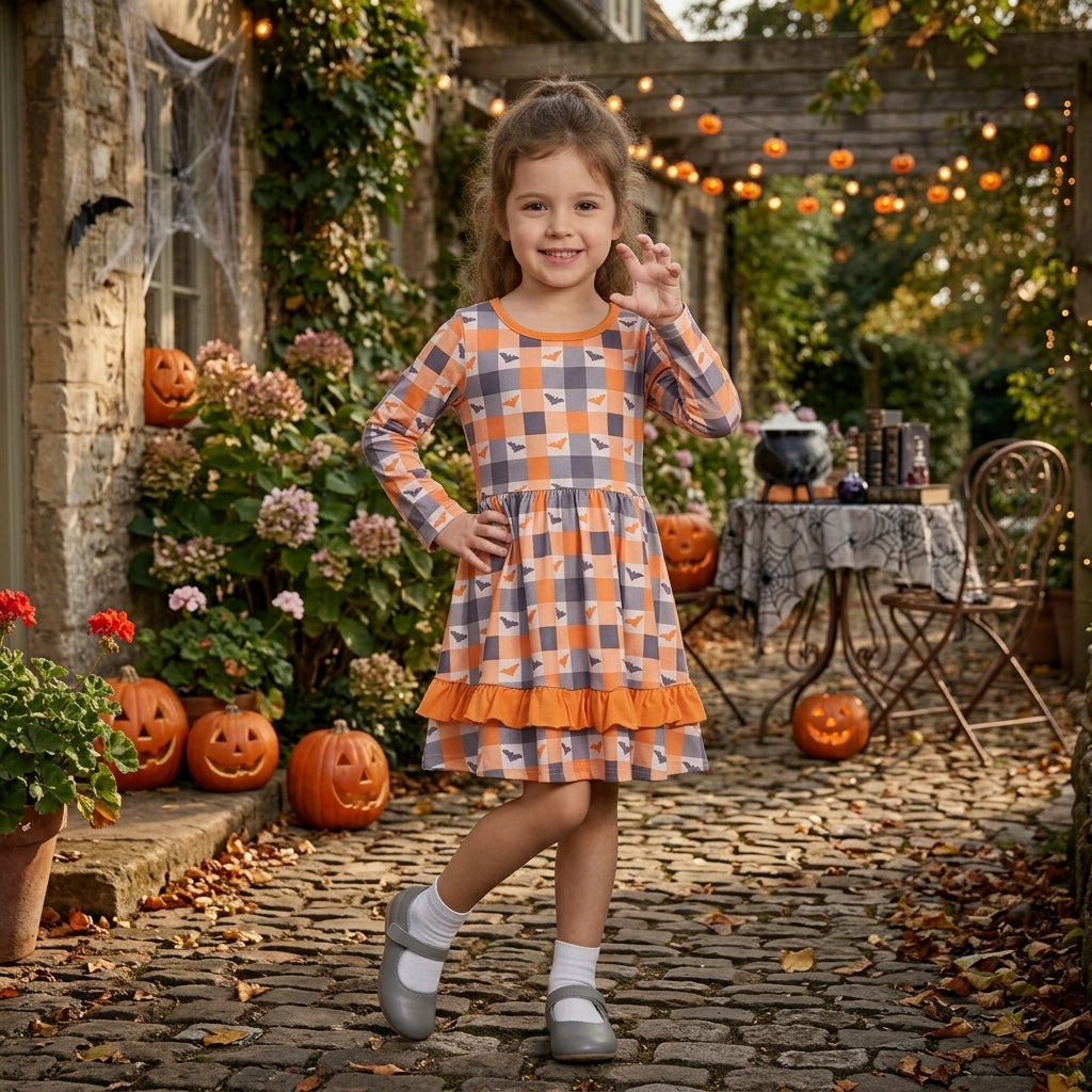 NO MOQ RTS GLD1707 Baby Girl Clothes Plaid Bat Print Long Sleeve Ruffle Dress 202609