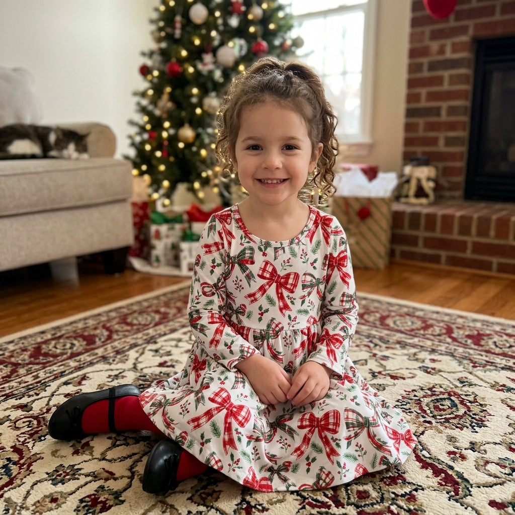 NO MOQ RTS GLD1709 Baby Girl Clothes Christmas Plaid Bow Print Long Sleeve Dress