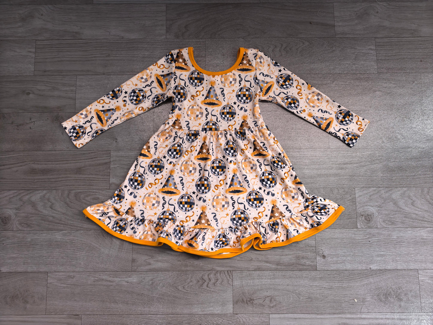 RTS GLD1723 Fall Element Print Long Sleeve Ruffle Hem Girls Dress 202608