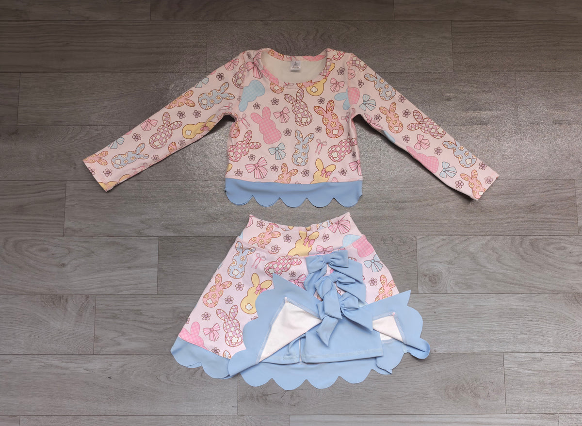 Sample-Real Pics GLD1738 Baby Girl Clothes Pastel Bunny Bow Plaid Mixed Print Long Sleeve Scallop Top Skirt Set
