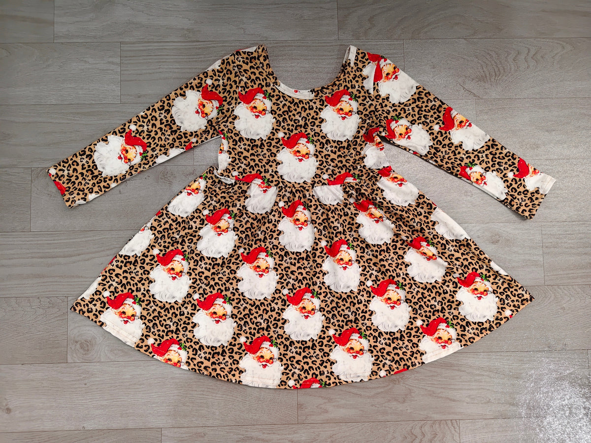 Sample-Real Pics GLD1761 Baby Girl Clothes Leopard Santa Claus Print Long Sleeve Dress
