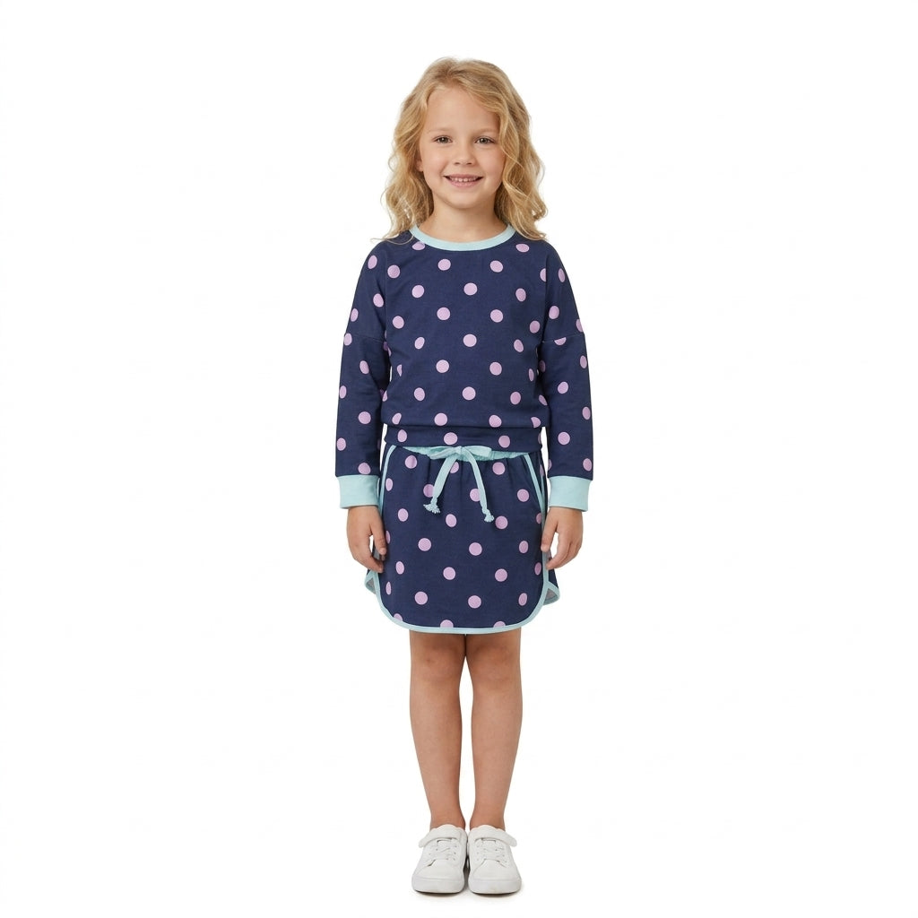 NO MOQ RTS GLD1762 (2) Baby Girl Clothes Navy Blue Pink Polka Dot Print Long Sleeve Top Skort Set 202609