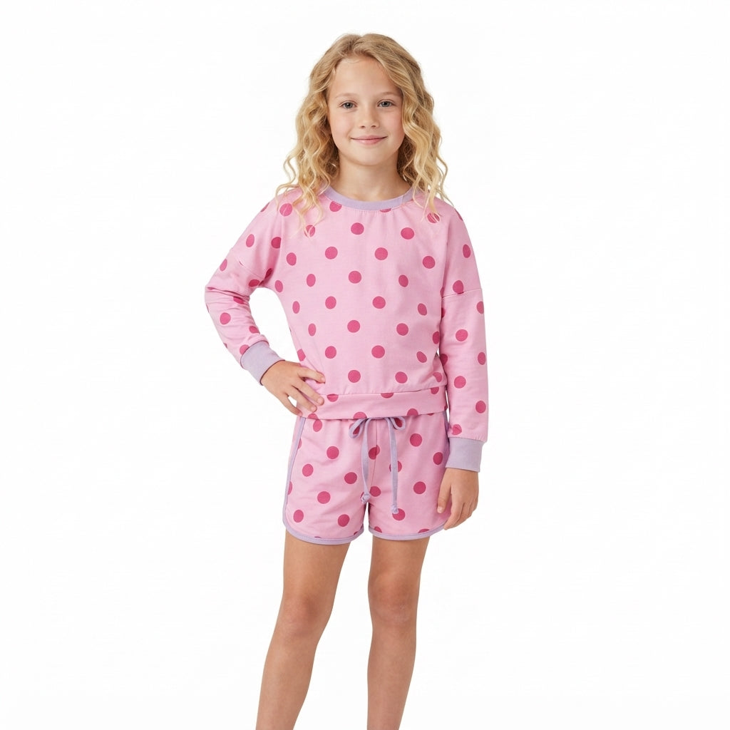 NO MOQ RTS GLD1763(2) Baby Girl Clothes Pink Polka Dot Print Long Sleeve Top Skort Outfit Set 202609