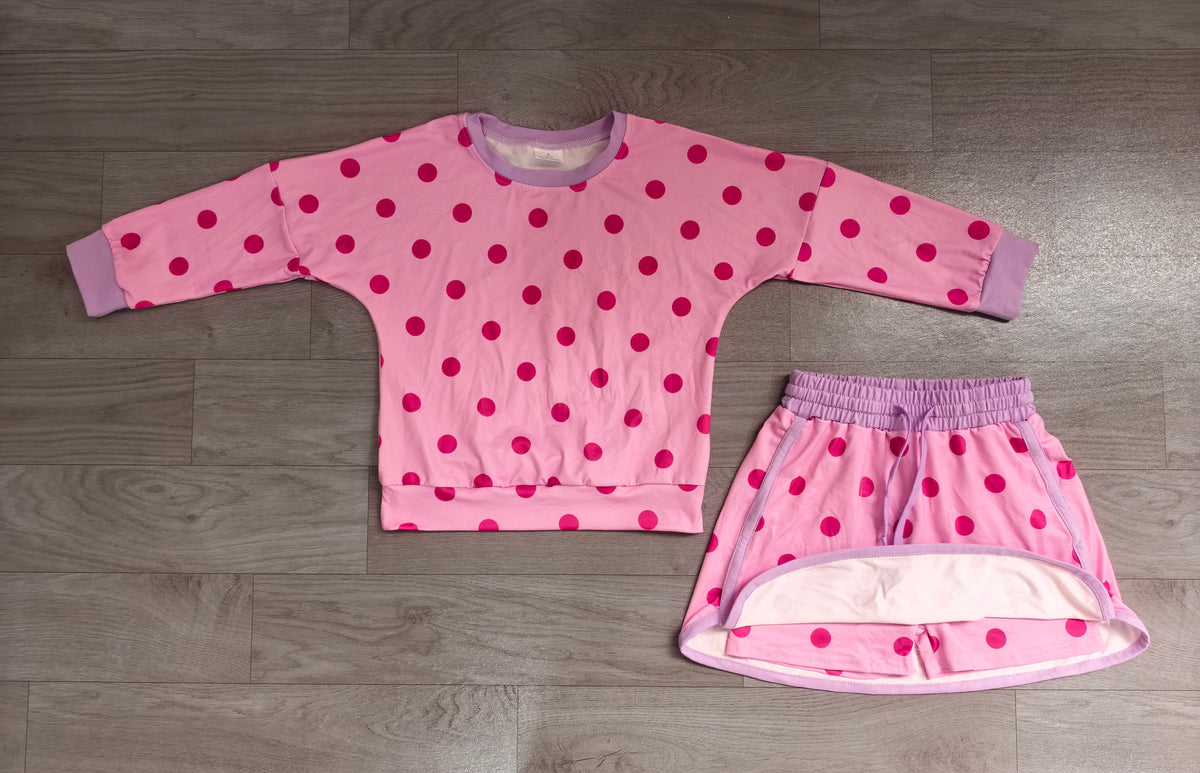 Sample-Real Pics GLD1763 (1) Baby Girl Clothes Polka Dot Print Long Sleeve Top Skort Outfit Set