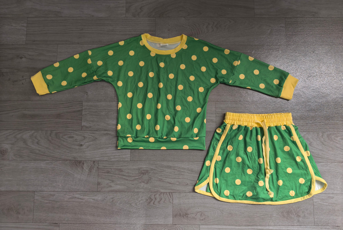 1. Sample-Real Pics GLD1764 (1) Baby Girl Clothes Polka Dot Print Long Sleeve Top Skort Outfit Set 2.