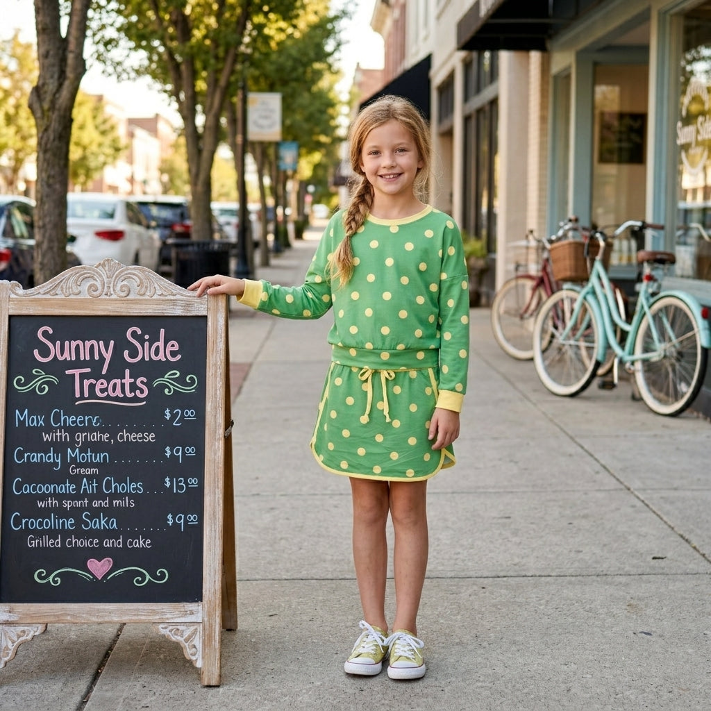 NO MOQ RTS GLD1764(1) Baby Girl Clothes Green Yellow Polka Dot Print Long Sleeve Top Skort Set 202610