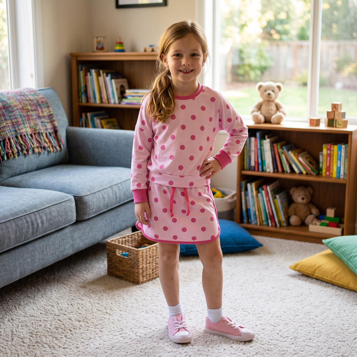 NO MOQ RTS GLD1765(1) Baby Girl Clothes Pink Polka Dot Full Print Long Sleeve Top Skort Outfit Set 202609