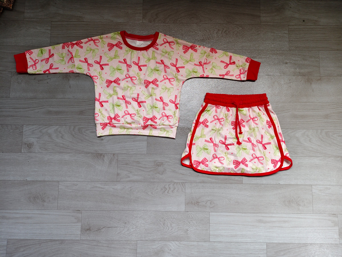 Sample-Real Pics GLD1774 Baby Girl Clothes Red Green Bow Full Print Long Sleeve Top Skort Outfit Set