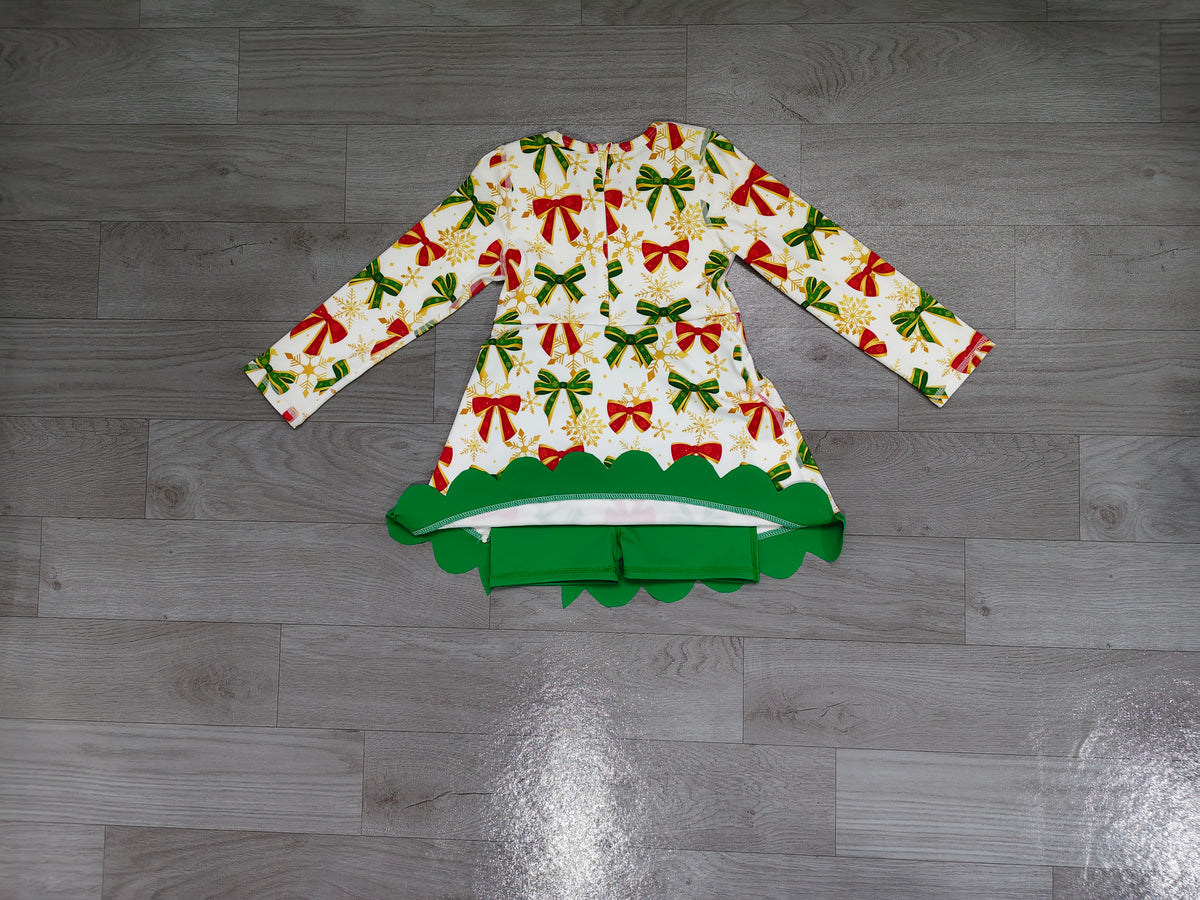 Sample-Real Pics GLD1781 Baby Girl Clothes Christmas Bow Snowflake Print Long Sleeve Ruffle Dress