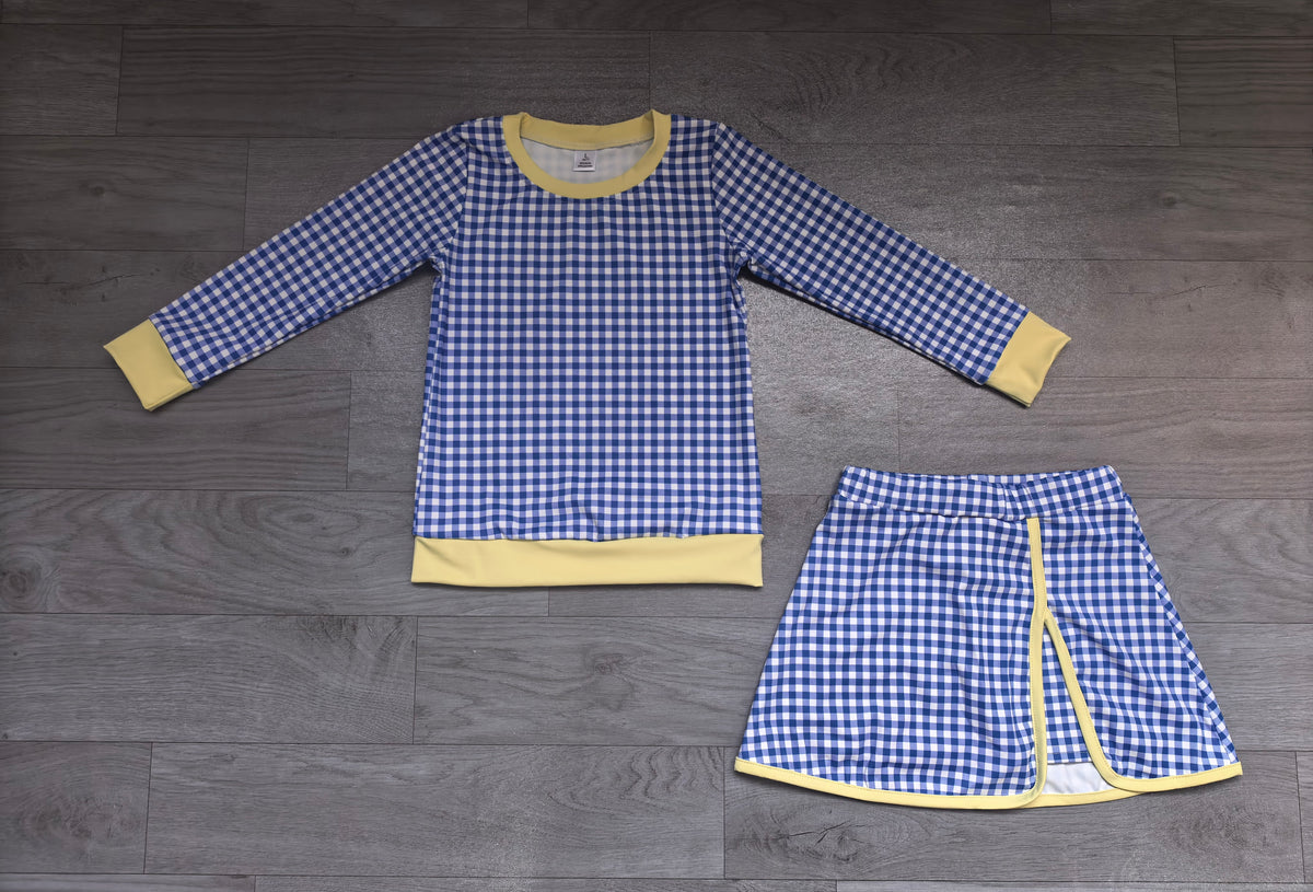 Sample-Real Pics GLD1798 Baby Girl Clothes Blue Gingham Plaid Print Long Sleeve Top Skort Set