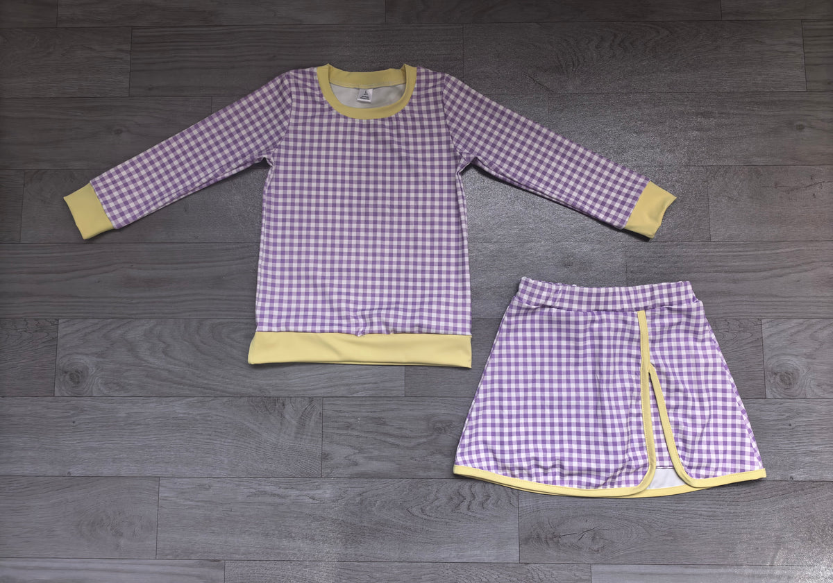 Sample-Real Pics GLD1799 Baby Girl Clothes Purple Gingham Plaid Print Long Sleeve Top Skort Set