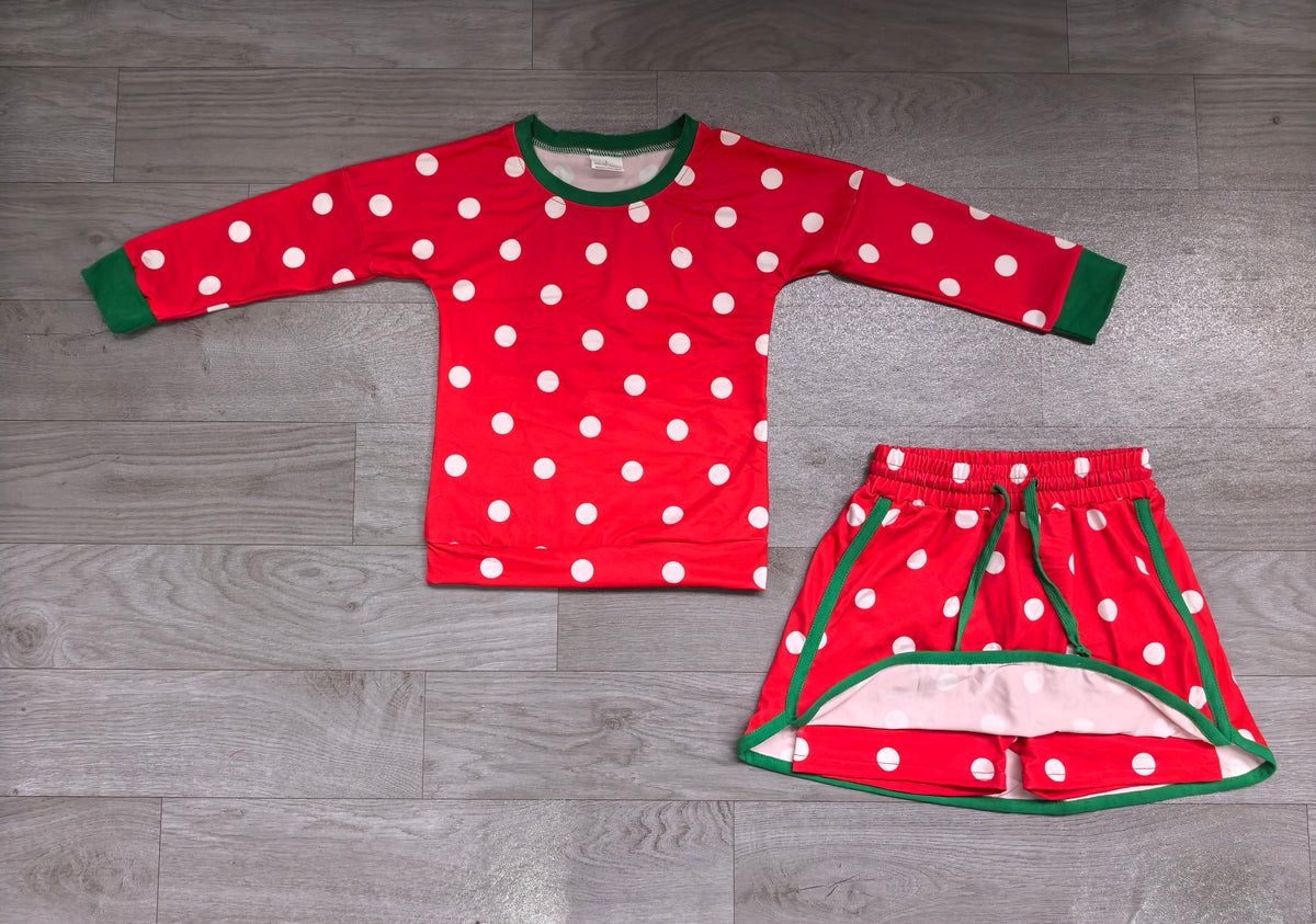 Sample-Real Pics GLD1832 (1) Baby Girl Clothes Christmas Red Polka Dot Print Long Sleeve Top And Skirt Set