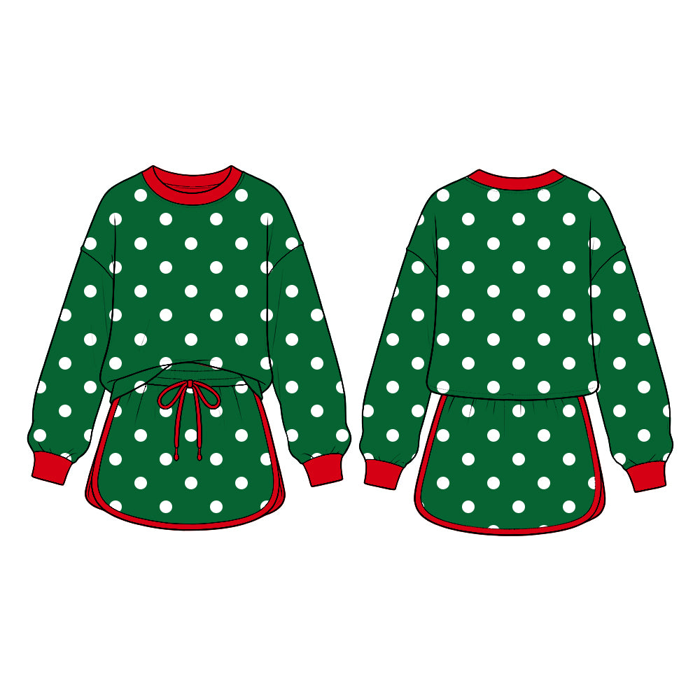 Preorder (moq 5) GLD1833 Baby Girl Clothes Christmas Green White Polka Dot Print Long Sleeve Top Skort Set