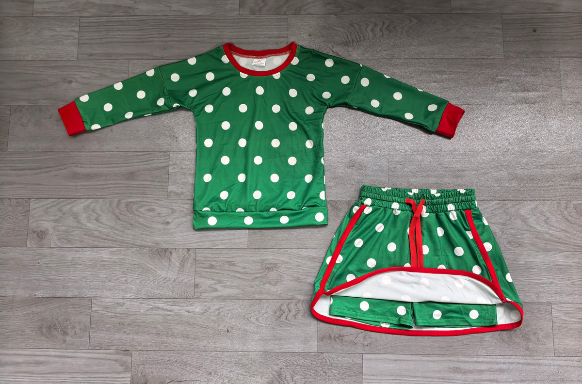 Sample-Real Pics GLD1833 (1) Baby Girl Clothes Christmas Green Polka Dot Print Long Sleeve Top And Skirt Set