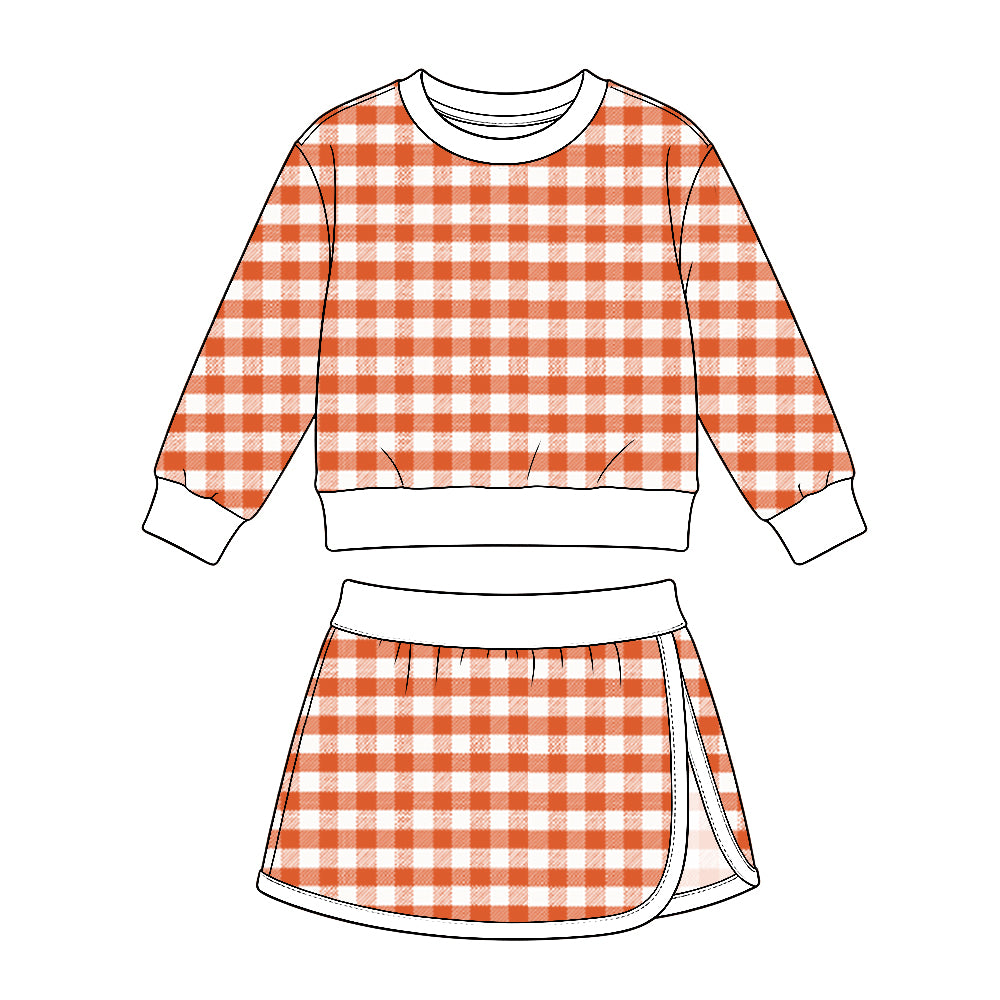 Preorder (moq 5) GLD1834 Baby Girl Clothes Fall Orange Gingham Plaid Print Long Sleeve Crop Top Skort Set