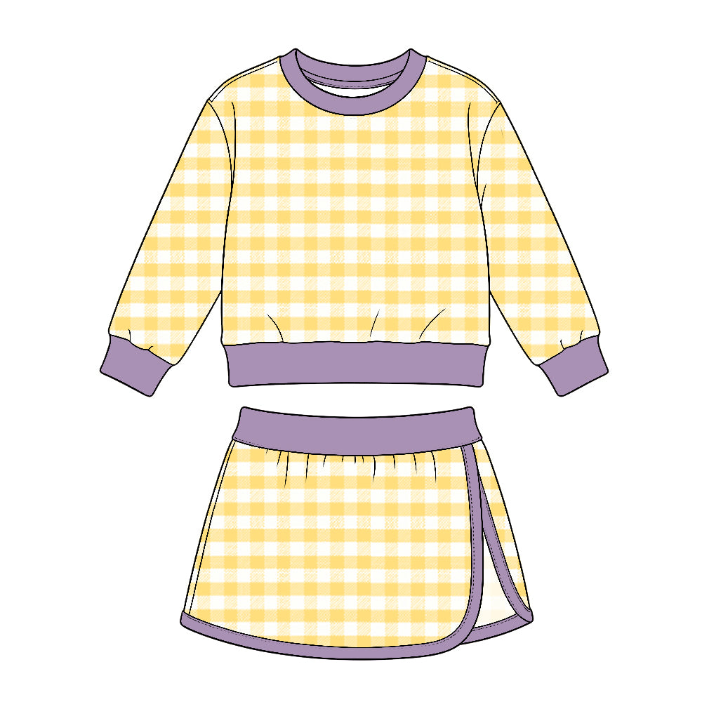 Preorder (moq 5) GLD1835 Baby Girl Clothes Spring Yellow Gingham Plaid Print Long Sleeve Crop Top Skort Set