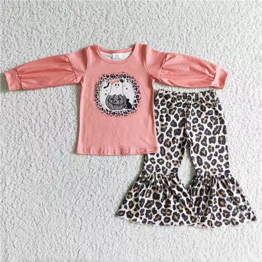 promotion RTS GLP0017 new long sleeve orange top white leopard bell bottom girl outfit 20230511