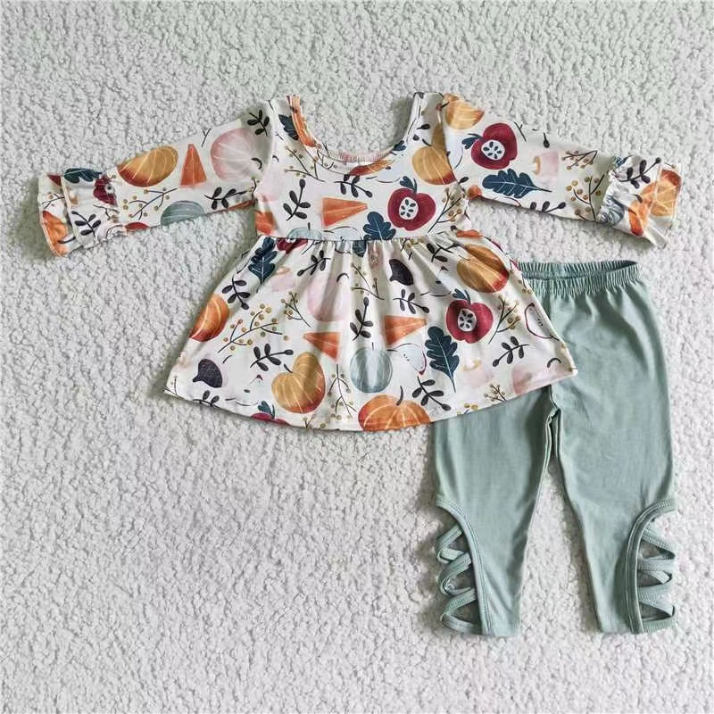 promotion RTS GLP0113 pumpkin apple long sleeve bell bottom pants girl outfit 20230511