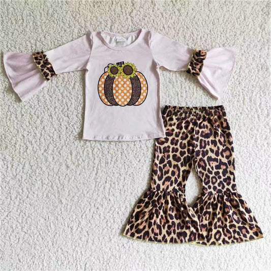 promotion RTS GLP0125 halloween pink pumpkin leopard bell bottom flare sleeve long bell bottom pants girl outfit